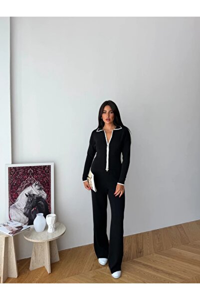 REDMİNA fashion Polo Yaka Kontrast Biye Detaylı Çift Fermuarlı Kadın Triko Takım