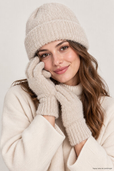 ZERAMİNE Women's Winter Beanie Gloves Set, Plush, Soft Textured Knitted Warm ...