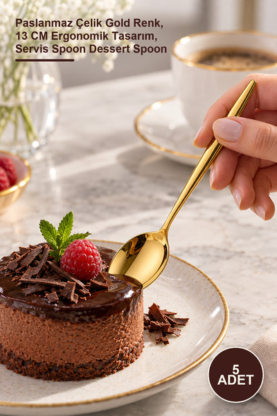Yenilig 5-Piece Dessert Spoon Set – Stainless Steel Gold Color, 13 cm Ergonom...