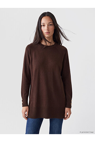 LC Waikiki Nevavm Brown Knitwear Plain Loose & Baggy Women's Tunic with a Dif...