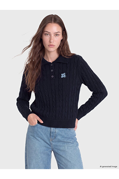 LC Waikiki Lcw Modest Navy Blue Polo Collar Patterned Women's Knitwear Sweate...