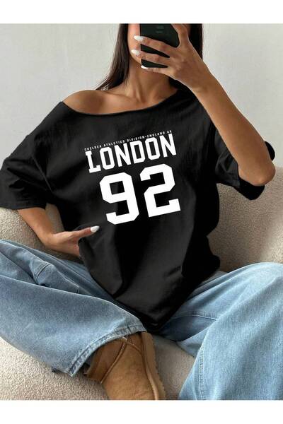 PALPİTO Women's Black London Printed Boat Neck T-Shirt