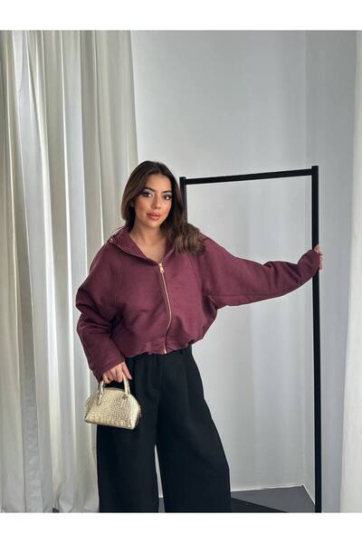 HOPIAN Kadın Bordo Fermuarlı Kapüşonlu Bomber Sweatshirt Ceket
