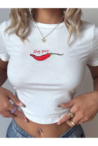 PALPİTO Women's Spicy Printed Crew Neck Tight Crop Tshirt