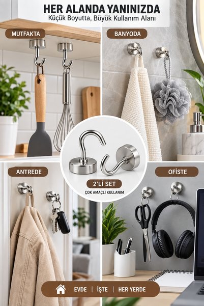 İnfeta 2'li Güçlü Manyetik Metal Kancalı Askı Mutfak Banyo Anahtar Havlu Askısı