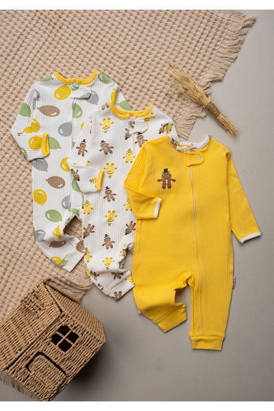 Mielco Baby Store %100 Pamuk Unisex Bebek 3'lü Patiksiz Tulum Seti Kurabiye A...