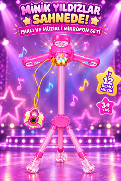 İlknurtoys Çocuk Mikrofon Standı Işıklı Müzikli 12 Şarkılı Ayarlanabilir 67–104 cm Karaoke Oyuncağı – Pembe