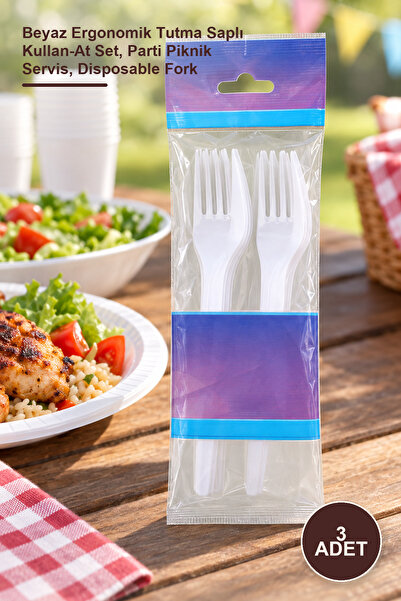 Yenilig 3 Adet Plastik Çatal – Beyaz Ergonomik Tutma Saplı Kullan-At Set, Parti Piknik Servis, Disposable Fork