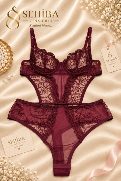 L&S LOVESECRET Bordo Dantelli Balenli Kapsız Bodysuit