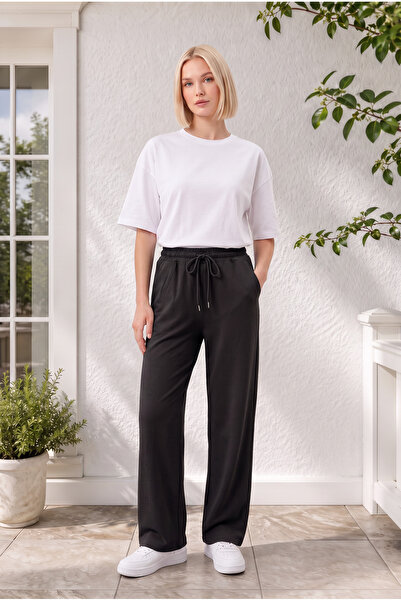 Zenvia Women's Black Palazzo Cut Combed Cotton Sweatpants High Waist Loose Leg Casual Comfortable