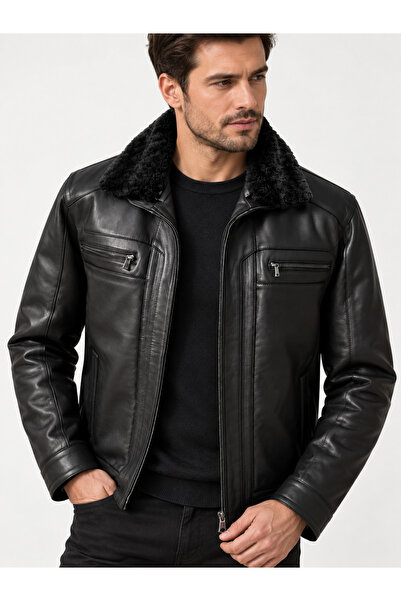 DESAR Men's Genuine Leather Coat Black – Classic Cut, Zippered Leather Jacket