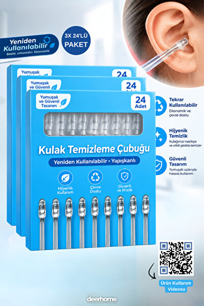 MCA Deerhome 3 Paket Yapışkan Silikon Uçlu Kulak Temizleme Çubuğu 24'lü Yıkan...