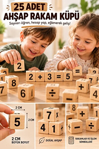 Gargamel 25 Adet Ahşap Sayı Küpü 2 cm – Eğitici Matematik ve İşlem Oyuncağı, ...