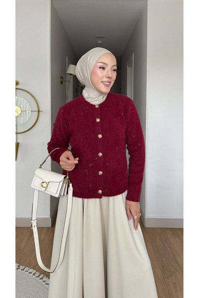 Nes Moda Kadın Sim Detaylı Önü Düğmeli Angora Tesettür Triko Hırka
