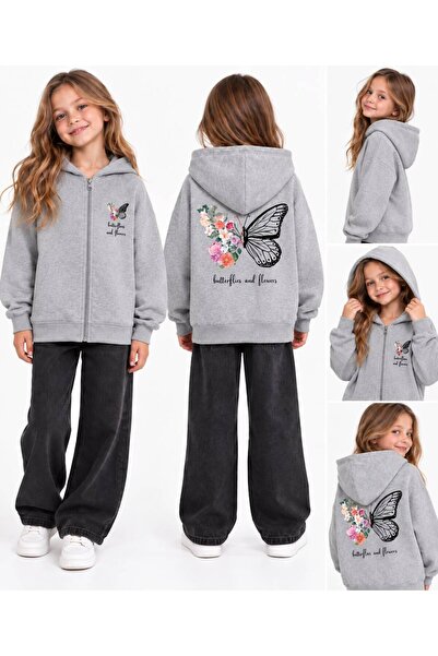 Baxia KıZ Çocuk KELEBEK BaskıLI Kapşonlu Hırka Sweatshirt FERMUARLI KAPŞONLU ...
