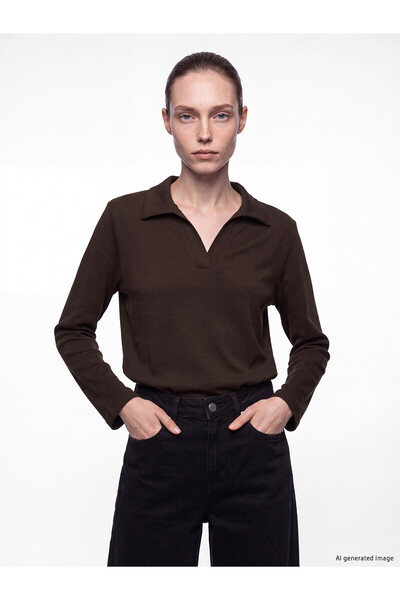 LC Waikiki Ozmarka New Season Brown Polo Collar Soft Touch Women's Sweatshirt