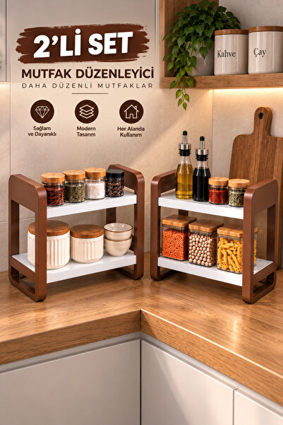 SürLaz 2’li Set Ahşap Mutfak Tezgah Üstü Organizer Raf – 2 Katlı Vidalamasız ...