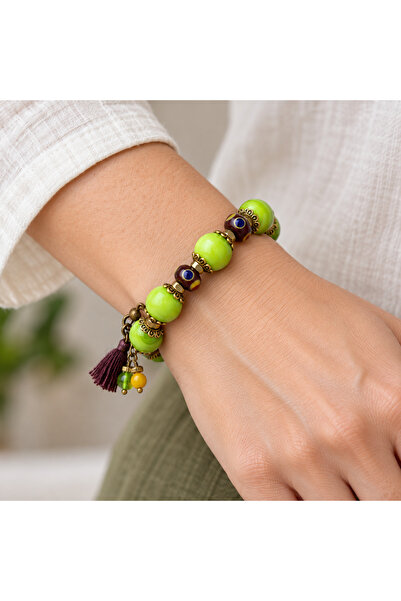 HER ŞEY NOTA www.herseynota.com Green Beaded Orange Detailed Tasseled Antique...