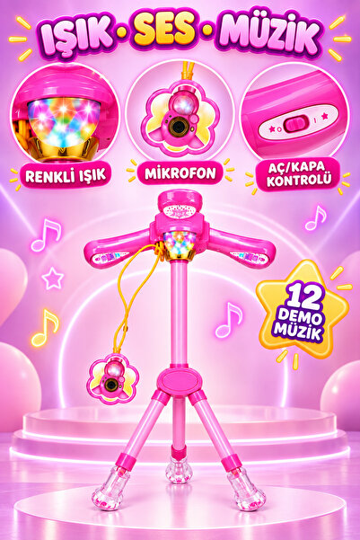 İlknurtoys Çocuk Mikrofon Standı Işıklı Müzikli 12 Şarkılı Ayarlanabilir 67–104 cm Karaoke Oyuncağı – Pembe