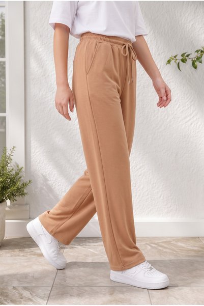 Zenvia Women's Brown Palazzo Cut Combed Cotton Sweatpants High Waist Loose Leg Casual Comfortable