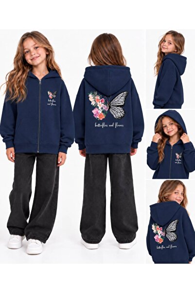 Baxia KıZ Çocuk KELEBEK BaskıLI Kapşonlu Hırka Sweatshirt FERMUARLI KAPŞONLU ...