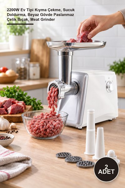 Yenilig 2 Adet Elektrikli Kıyma Makinesi – 2200W Ev Tipi Kıyma Çekme, Sucuk Doldurma, Beyaz Gövde Paslanmaz Çelik Bıçak, Meat Grinder