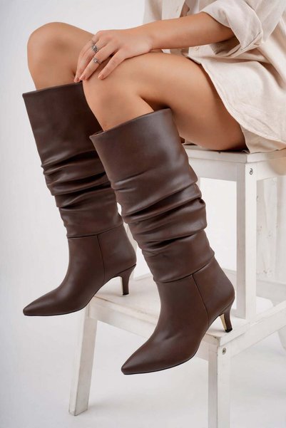 Difolia Women's Brown Drawstring Below the Knee Boots Tan Pointed Toe Heeled Winter Vintage Boots
