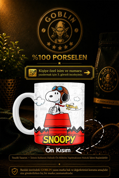 Goblin Snoopy Peanuts Baskılı Porselen Kupa Bardak - Sevimli Çizgi Film Karak...