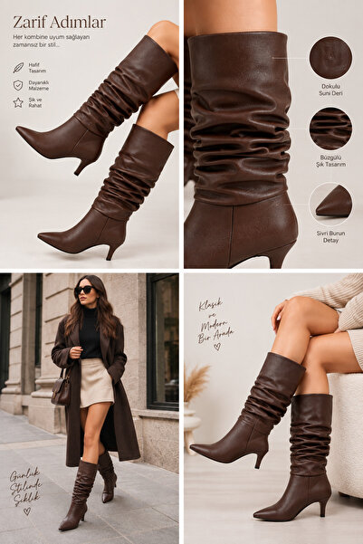 Difolia Women's Brown Drawstring Below the Knee Boots Tan Pointed Toe Heeled Winter Vintage Boots