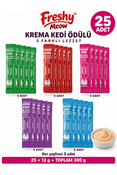 Freshy Meow Gurme Püre Sıvı Kedi Ödülü 25’li Karışık Lezzet Paketi – 5 Farklı Tat, 25 x 12 g, 300 g