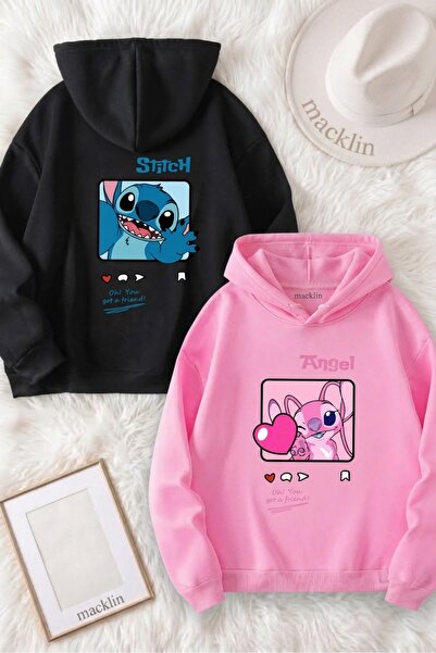 macklin Unisex Sevgili Çift Kombini Stitch ve Angel Friends Love SIRT Baskılı...