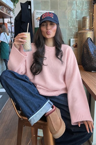 Butik Women's Pink Crew Neck Oversize Knitwear Sweater Nns030