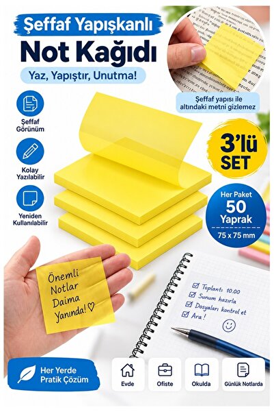 Artlantis Žuti lepljivi providni papir za beleške, 50 listova, 3 paketa, kvad...