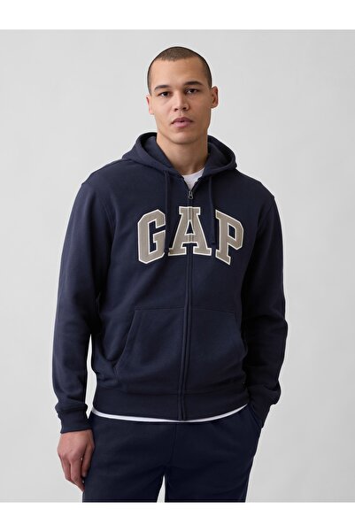 GAP Erkek Lacivert VintageSoft Arch Logo Tam Fermuarlı Sweatshirt