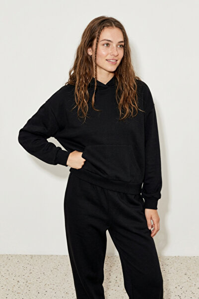 Runades Kadın Pamuklu Kapüşonlu Cepli Oversize Sweatshirt Eşofman Takımı