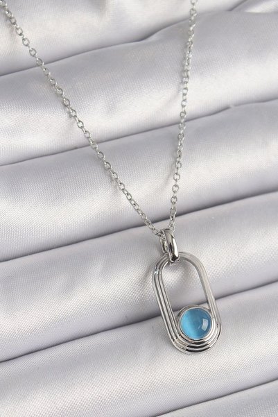 Generic Brand 316L Steel Silver Color Chain Blue Cat Eye Model Women's Necklace