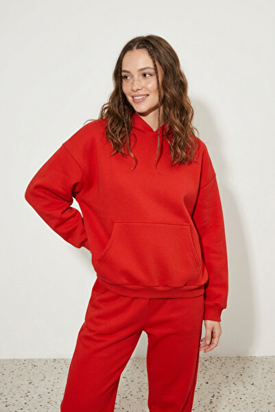 Runades Kadın Pamuklu Kapüşonlu Cepli Oversize Sweatshirt Eşofman Takımı