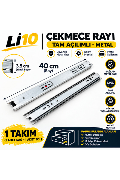 MB HIRDAVAT 40 cm Tam açılımlı Teleskopik Bilyalı Mobilya Çekmece Rayı (35mm ...