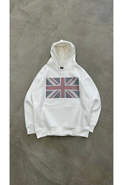 Genel Markalar Taş Baskılı Bayrak Desenli Kapüşonlu Oversize Sweatshirt