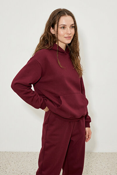 Runades Kadın Pamuklu Kapüşonlu Cepli Oversize Sweatshirt Eşofman Takımı
