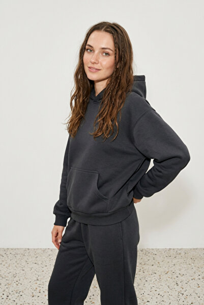 Runades Kadın Pamuklu Kapüşonlu Cepli Oversize Sweatshirt Eşofman Takımı
