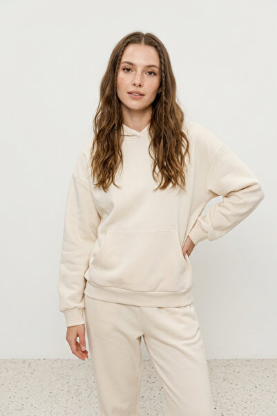 Runades Kadın Pamuklu Kapüşonlu Cepli Oversize Sweatshirt Eşofman Takımı
