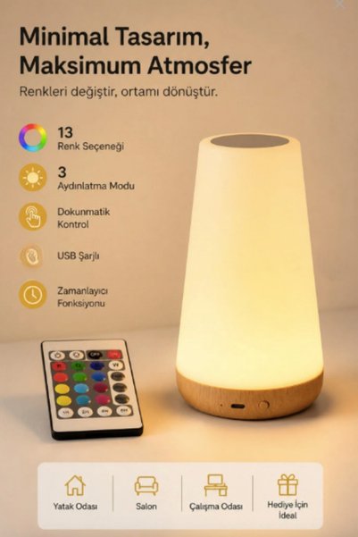 CANSU ODABAS CO RGB Dokunmatik LED Masa Lambası Kumandalı, USB Şarjlı, 1500 m...