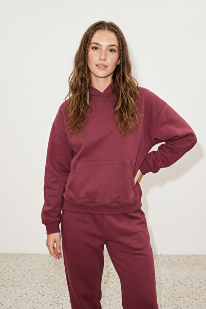 Runades Kadın Pamuklu Kapüşonlu Cepli Oversize Sweatshirt Eşofman Takımı
