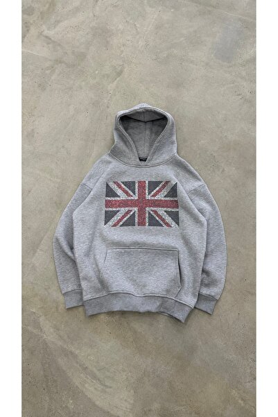 Genel Markalar Taş Baskılı Bayrak Desenli Kapüşonlu Oversize Sweatshirt