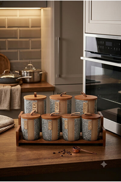 Generic Coffee Sugar Spice Canister Set with Wooden Stand - 7 Ceramic Jars In...