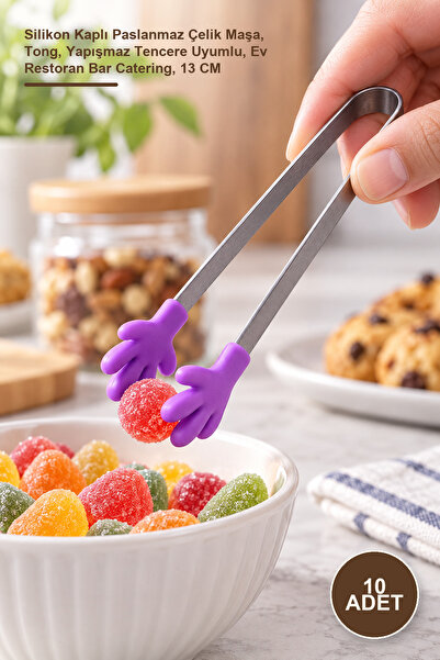Yenilig 10 Pieces of Cute Hand-Shaped Tongs – Silicone-Coated Stainless Steel...