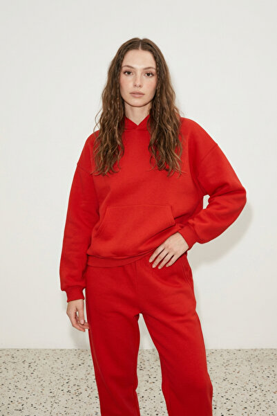 Runades Kadın Pamuklu Kapüşonlu Cepli Oversize Sweatshirt Eşofman Takımı