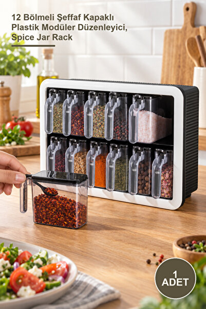 Yenilig 1 Piece Spice Rack Set with Stand and Spoon – 12 Compartment Plastic ...