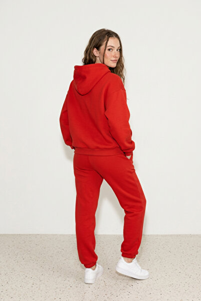 Runades Kadın Pamuklu Kapüşonlu Cepli Oversize Sweatshirt Eşofman Takımı
